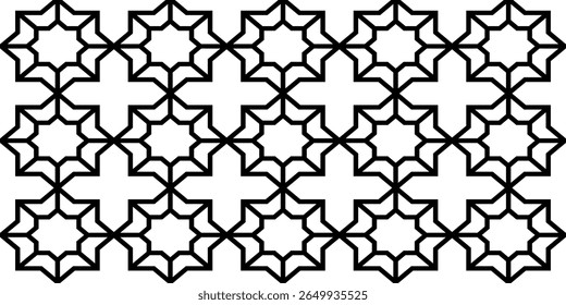Seamless black and white vintage octagonal star and cross tesselation overlaying outline pattern vector