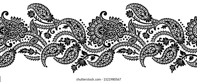 Seamless black and white vintage paisley border