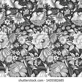 Seamless black and white vintage vector floral motif