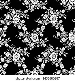 Seamless black and white vintage vector floral pattern