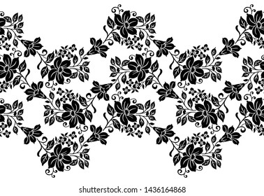 Seamless black and white vintage vector floral border