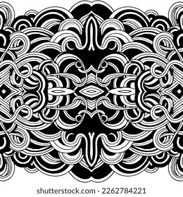 Seamless Black White Waves Background. Handmade vector art.