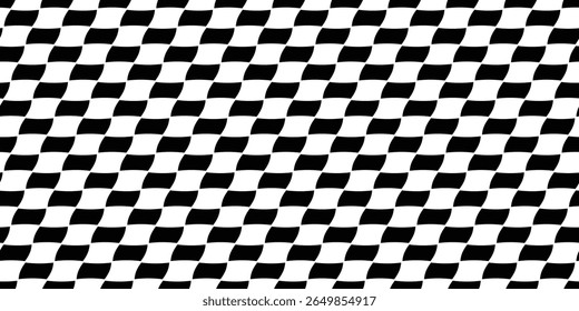 Padrão ondulado branco e preto sem emenda xadrez. Plano De Fundo Do Vetor De Ilusão Óptica. Raça e textura vetorial dinâmica. Correndo, tabuleiro de xadrez deformado para fundos modernos, têxteis, embalagens, papel.