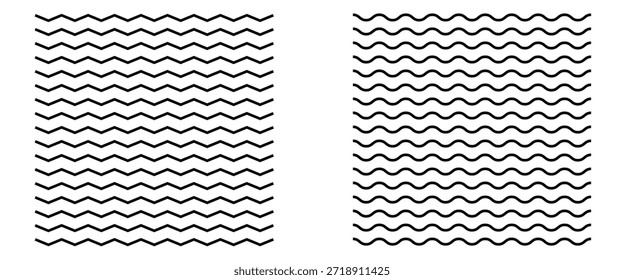  Nahtloser, wellenförmiger, schwarz-weißer Zick-Zack-Hintergrund.  Welle dünnen Linie Hintergrund. Zickzack und wellenförmige horizontale Unterstreichung.