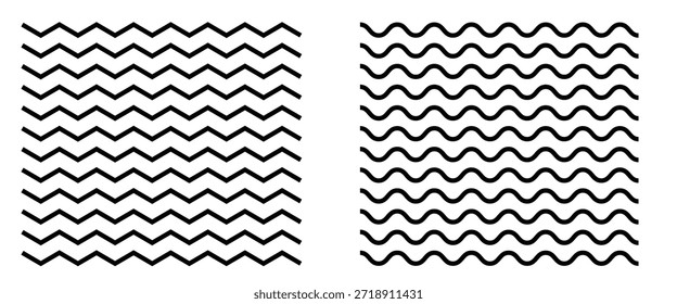  Nahtloser, wellenförmiger, schwarz-weißer Zick-Zack-Hintergrund.  Welle dünnen Linie Hintergrund. Zickzack und wellenförmige horizontale Unterstreichung.