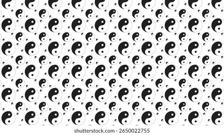 Seamless black and white yin yang pattern with varying sizes. Ideal for spiritual-themed backgrounds, meditation designs, textiles, wallpapers, and decorative art