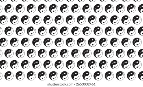 Seamless black and white yin yang pattern with varying sizes. Ideal for spiritual-themed backgrounds, meditation designs, textiles, wallpapers, and decorative art