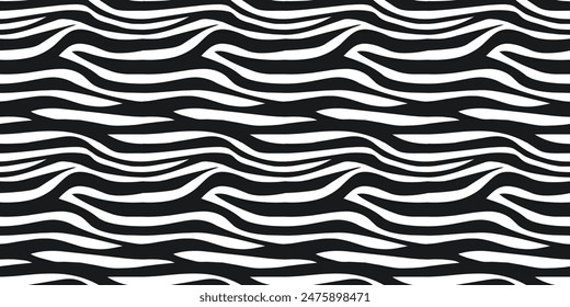 Seamless black and white zebra fur pattern. Modern stylish print.  Animal skin background for fabric, textiles, wallpaper, design, advertising