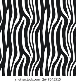 Seamless black and white zebra fur pattern. Modern stylish print.  Animal skin background for fabric, textiles, wallpaper, design, advertising