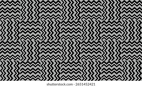 Seamless black and white zigzag pattern forming wavy square blocks with bold, high-contrast geometric design