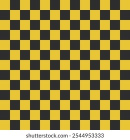 Seamless black and yellow chess checkered grid pattern in Memphis style. Geometric vector design for backgrounds and wallpapers. Modern, hipster, and minimal aesthetics with flag elements.