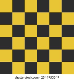 Seamless black and yellow chess checkered grid pattern in Memphis style. Geometric vector design for backgrounds and wallpapers. Modern, hipster, and minimal aesthetics with flag elements.