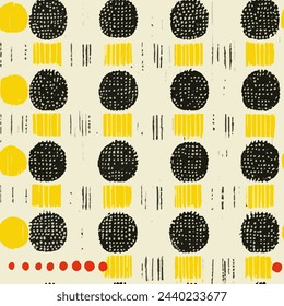 Seamless Black and Yellow Circles Pattern. Vector illustration seamless pattern of black and yellow circles and dots on a white background. The design is clean and simple, mid-century modern
