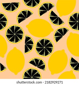 seamless black yellow lemon orange lime repeatable pattern peach pink background. vector illustration abstract fruit. perfect for hand wrapping fabric fashion textile design