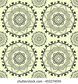 Seamless black and yellow mandala pattern. Contemporary graphic design, seamless line geometric background. Vector stylish endless texture. Tribal ethnic arabic, indian, turkish ornament