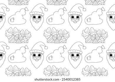 Seamless black-and-white Christmas pattern featuring Santa Claus, gift bags, and presents with bows. Perfect for holiday coloring fun.