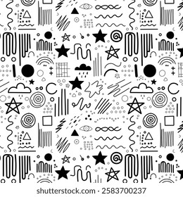 Seamless black-and-white doodle pattern. This artistic design includes stars, clouds, circles, triangles, squiggles, for creative backgrounds, stationery, textiles, web design, and modern art projects