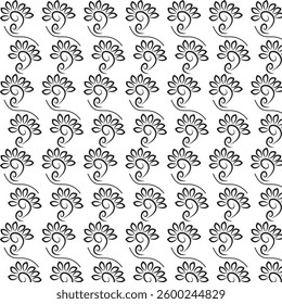  a seamless black-and-white floral pattern. The design consists of a stylized floral motif with a swirling stem and petal-like structures arranged symmetrically
