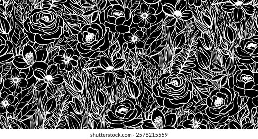 Seamless black-and-white floral pattern featuring roses, blossoms, and detailed leaves. Perfect for textiles, wallpapers, wrapping paper, branding, packaging, and digital or print design projects.
