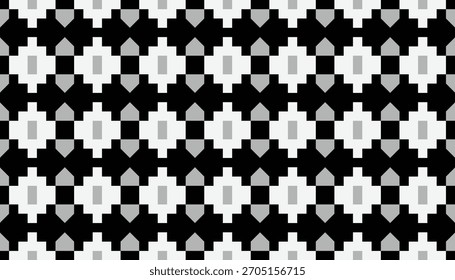 A seamless black-and-white geometric pattern featuring repeating pixel-style shapes arranged in a symmetrical grid. The design includes cross-like white forms surrounded by dark contrasting elements