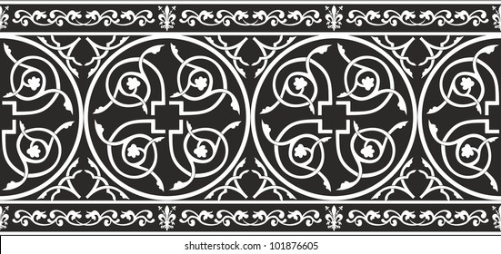 Seamless black-and-white gothic floral vector border with fleur-de-lis