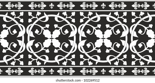 Seamless black-and-white gothic floral vector pattern with fleur-de-lis