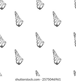 A seamless black-and-white hand-drawn pattern featuring detailed hand-drawn seashells on a white background