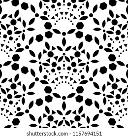 Seamless black-and-white mosaic pattern of dots, triangles, circles, hexagons and ovals. The modern luxury.
