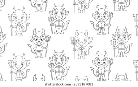 Seamless black-and-white pattern, cute cartoon devils holding tridents, for Halloween-themed designs, textile patterns, wallpapers.