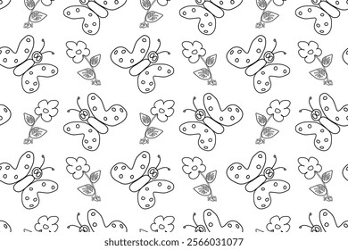 Seamless black-and-white pattern featuring butterflies and flowers. Perfect for children coloring projects.