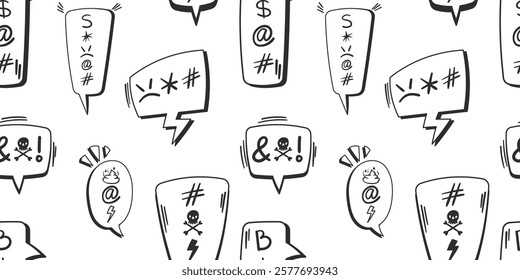 A seamless black-and-white pattern featuring expressive doodle-style speech bubbles with symbols, ideal for comics, humor, or design projects