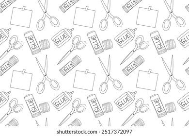 A seamless black-and-white pattern featuring glue, scissors, and paper. Perfect for coloring books and educational projects.