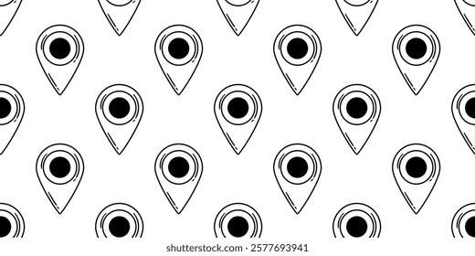 A seamless black-and-white pattern featuring hand-drawn location pins, perfect for navigation, maps, and geolocation-themed designs.