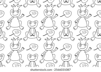 Seamless black-and-white pattern featuring happy frogs, a frog prince with a crown, and lily pads, perfect for coloring.