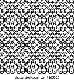 Padrão em preto-e-branco contínuo com loops ovais entrelaçadas e formas concêntricas em negrito, ideal para fundos modernos abstratos e designs têxteis.