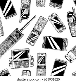 Seamless black-and-white pattern with mobile phone. Vector illustration in vintage engraved style on white background.  