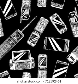 Seamless black-and-white pattern with mobile phone. Vector illustration in vintage engraved style on black background.  