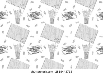 A seamless black-and-white pattern with notebooks, pencils, paperclips, and books. Perfect for back-to-school coloring activities for kids.