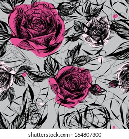 Seamless black-and-white pattern with pink roses / Japanese floral calligraphy  