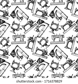 Seamless black-and-white pattern with sewing machine. Vector illustration in vintage engraved style on white background.  