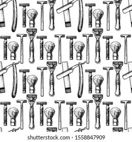 Seamless black-and-white pattern with shaving and barber accessories, ink hand drawn illustration.