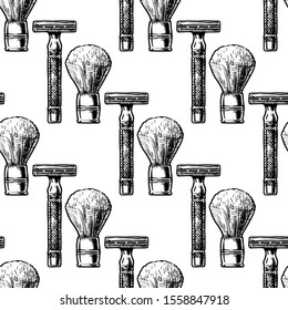Seamless black-and-white pattern with shaving and barber accessories, ink hand drawn illustration.
