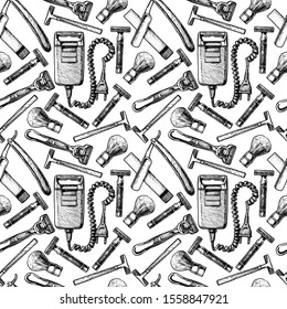 Seamless black-and-white pattern with shaving and barber accessories, ink hand drawn illustration.