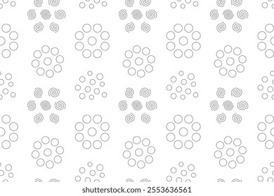 Seamless black-and-white pattern with spirals and circular floral designs, ideal for coloring activities.