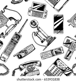 Seamless black-and-white pattern with telephone and mobile phone. Vector illustration in vintage engraved style on white background.  