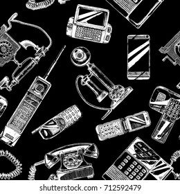 Seamless black-and-white pattern with telephone and mobile phone. Vector illustration in vintage engraved style on black background.  