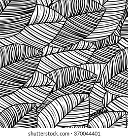Seamless black-and-white pattern of tropical leaves