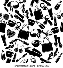 Seamless black-and-white pattern with woman's things