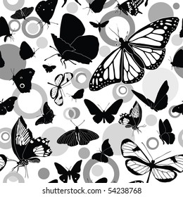 Seamless black-and-white vector pattern with butterflies