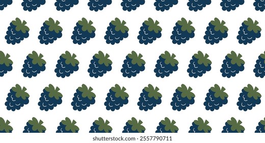Seamless Blackberry Pattern with Navy Blue Berries and Green Leaves on White Background for Textile, Wallpaper, and Decorative Design